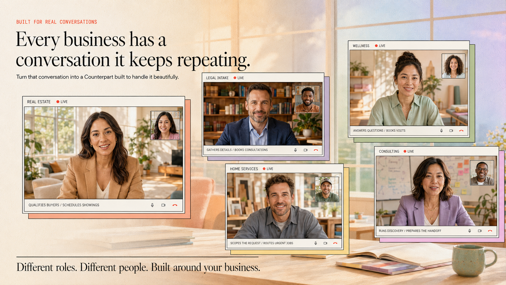 Built for real conversations — Every business has a conversation it keeps repeating. Different roles. Different people. Built around your business.
