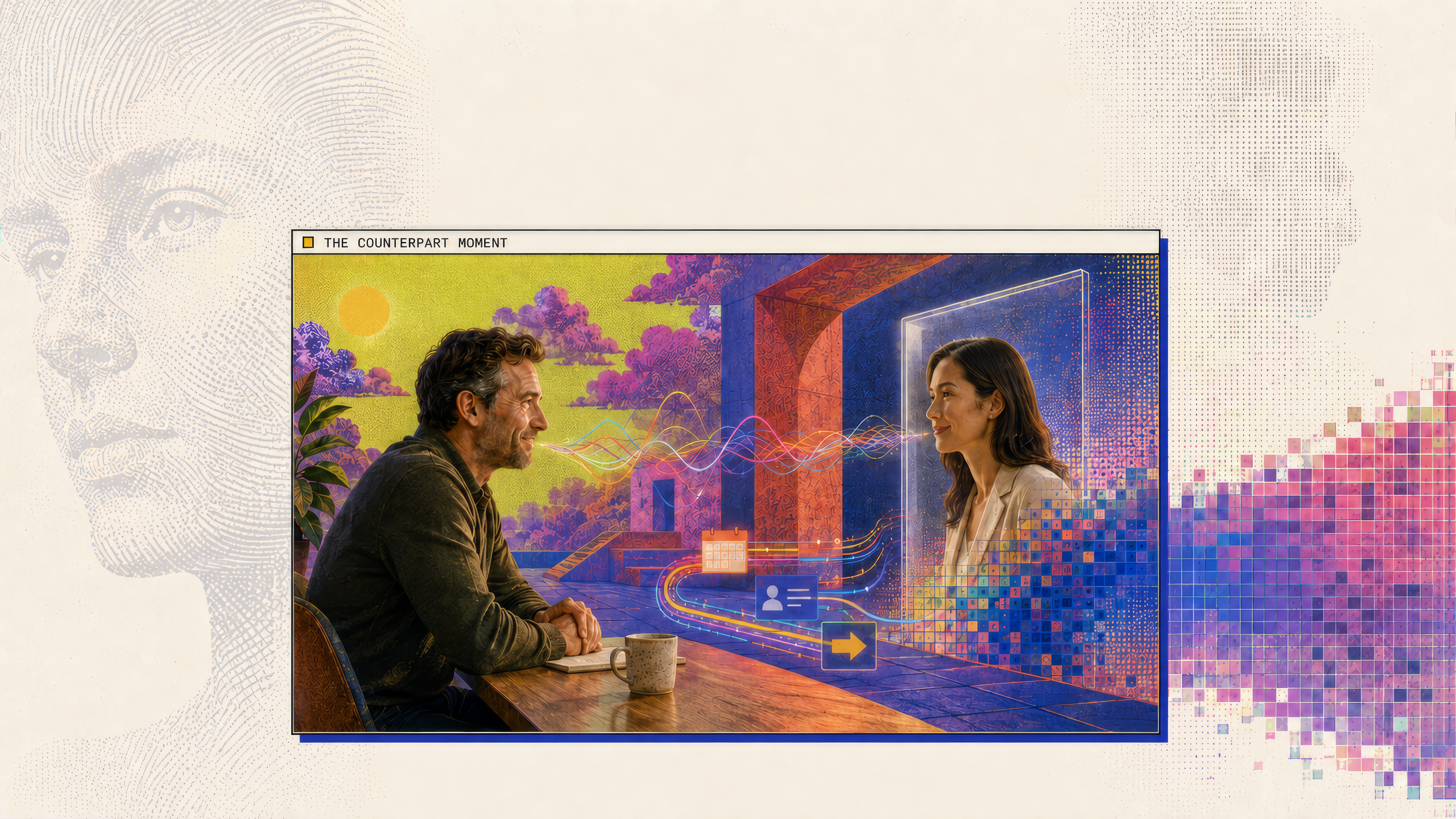 A customer speaking with a Counterpart through a digital portal — calendar, contact, and next-step actions flowing between them